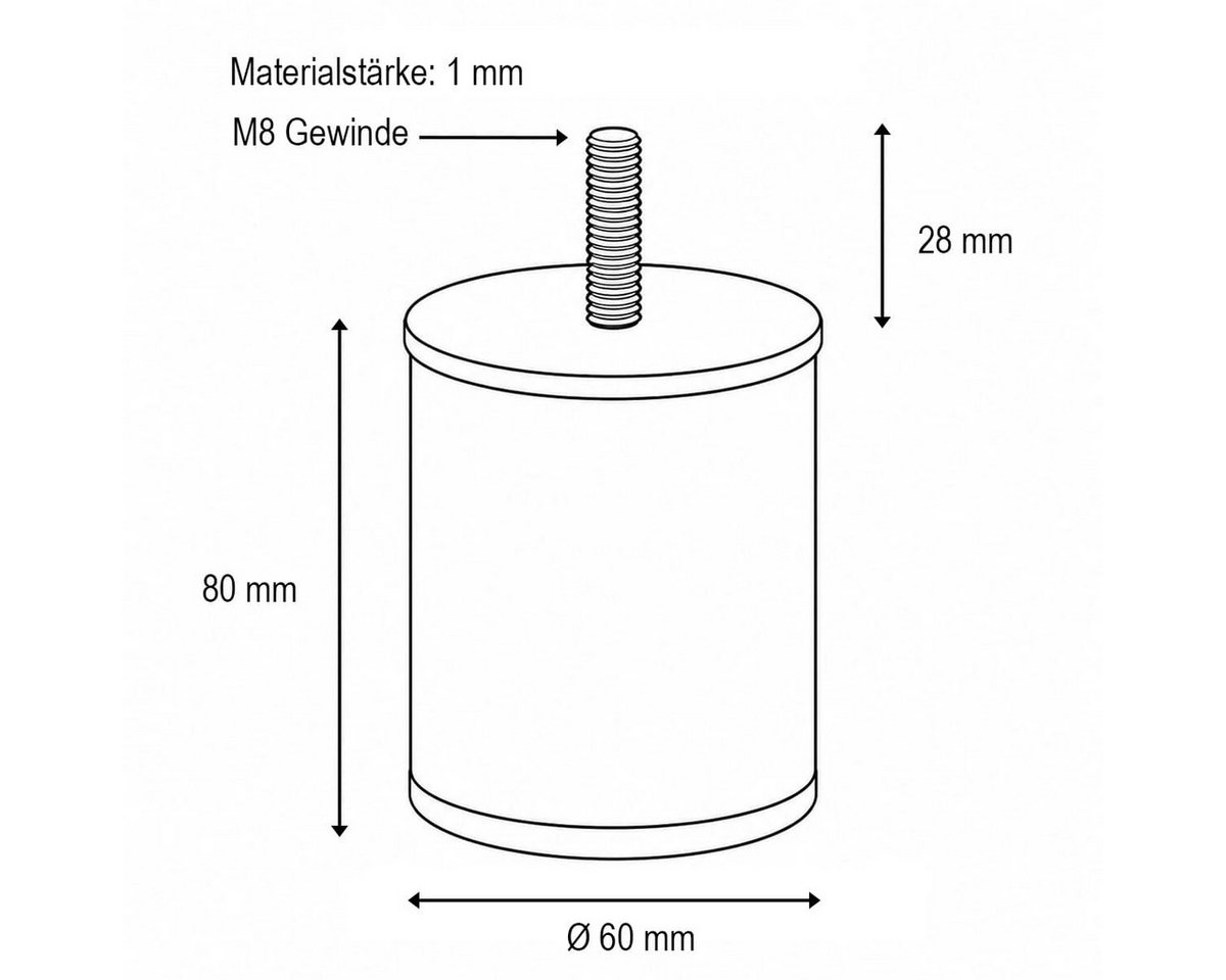MS Beschläge Möbelfuß Einschraub- Möbelstütze 80mm - Möbelstempel Ø 60mm, (1-St), Sofafuß Chrom glänzend mit M8 Gewindeschraube – Bild 2 von 5
