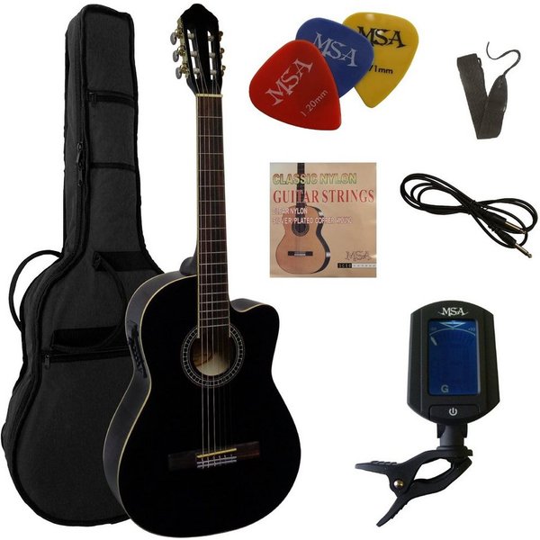 MSA Akustikgitarre Konzertgitarre mit EQ und Cutaway, Gitarre im Set mit Tasche, Band, Pleks, Stimmmgerät und Kabel