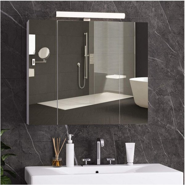 MSMASK Badezimmerspiegelschrank mit LED Beleuchtung, Steckdose und lichtschalter 70x15x60cm(BxTxH) (Ohne Matratze) Badezimmer spiegelschrank mit 3 Türen,Spiegel