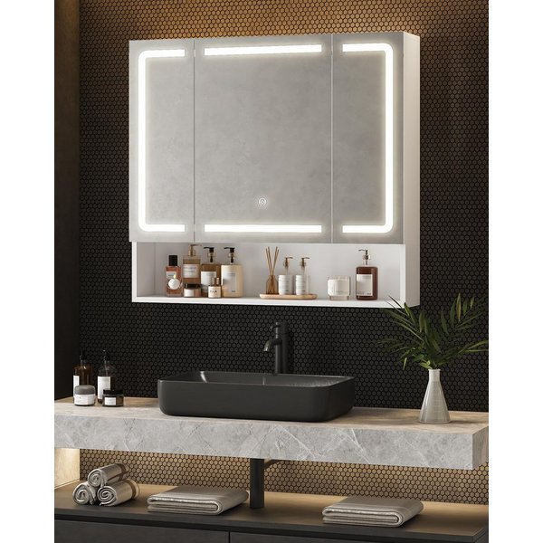 MSMASK Badezimmerspiegelschrank Moderner 3-türiger LED-Spiegelschrank mit verstellbaren Einlegeböden & 3 Lichtfarben – Wandmontage, Weiß (80x75,5x17 cm)