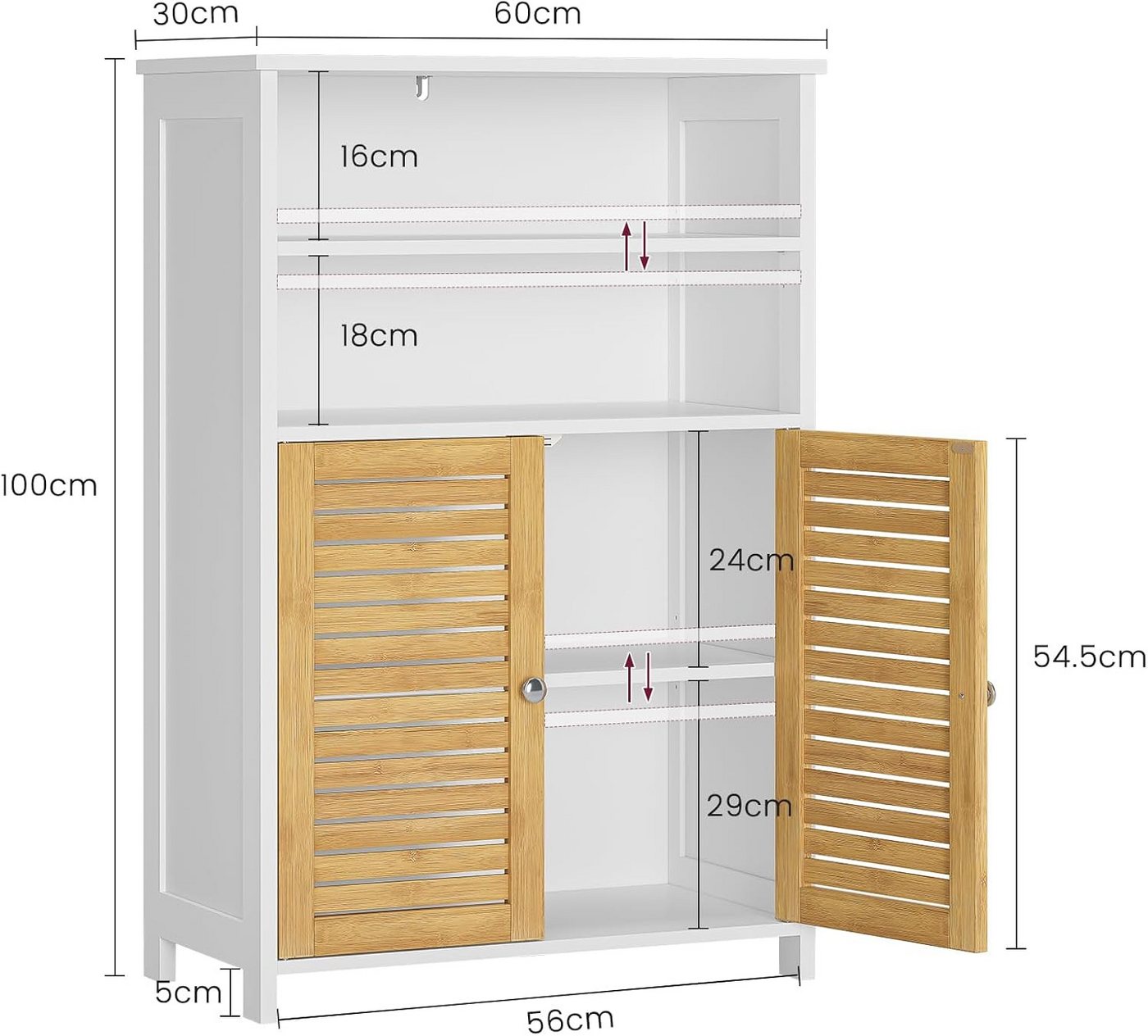 MSMASK Badkommode Badezimmerschrank, mit 2 offene Fächer, 60 x 30 x 100cm, Weiß – Bild 2 von 5