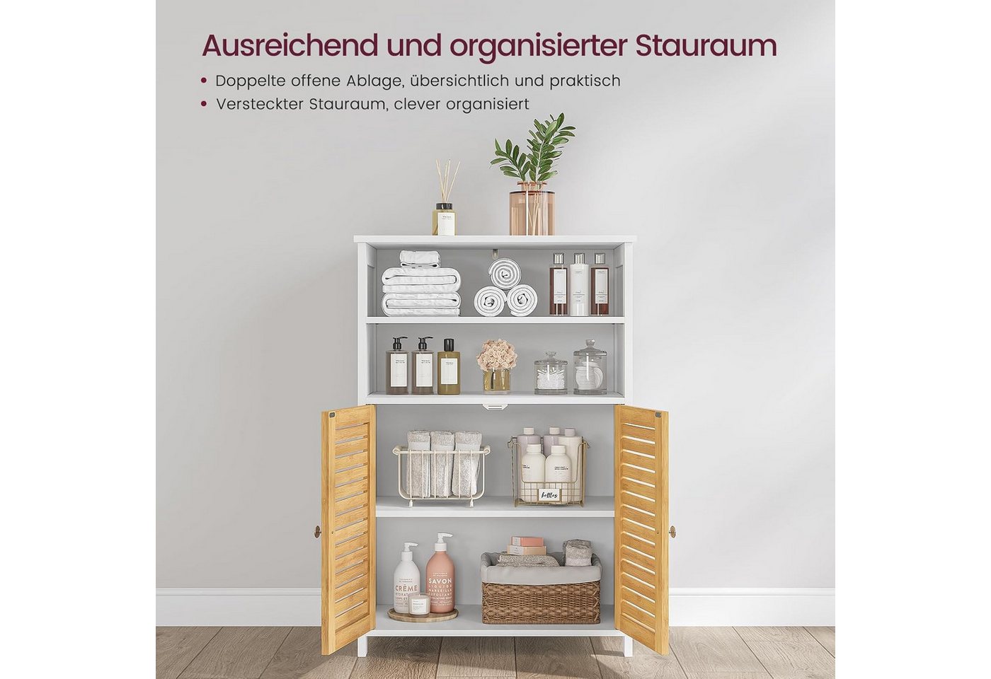 MSMASK Badkommode Badezimmerschrank, mit 2 offene Fächer, 60 x 30 x 100cm, Weiß – Bild 3 von 5