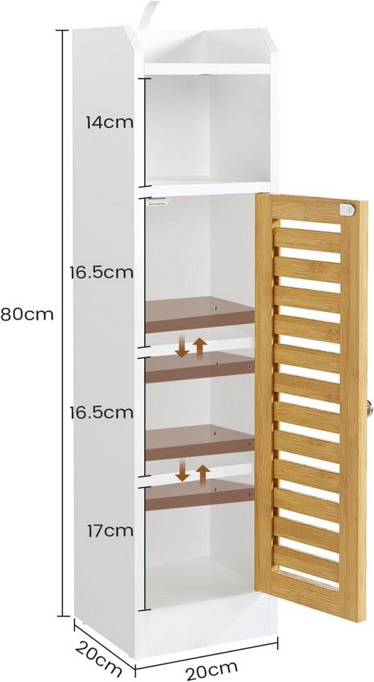 MSMASK Badregal Badezimmerschrank, Toilettenschrank, Beistellschrank 20×20×80 cm, 1-tlg., mit 2 offenen Fächern & Verstellbare Ablagen – Bild 2 von 5