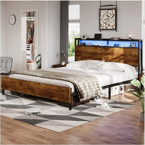 MSMASK Bett mit LED Beleuchtung, Steckdose & USB-Ladefunktion sowie Stauraum (Ohne Matratze), 160x200cm Doppelbett in Braun mit Holzkopfteil