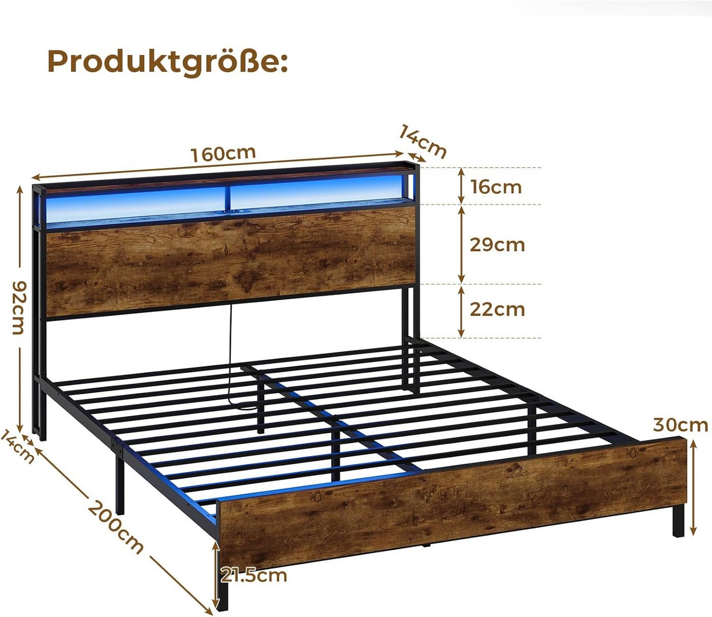 MSMASK Bett mit LED Beleuchtung, Steckdose & USB-Ladefunktion sowie Stauraum (Ohne Matratze), 160x200cm Doppelbett in Braun mit Holzkopfteil – Bild 2 von 5