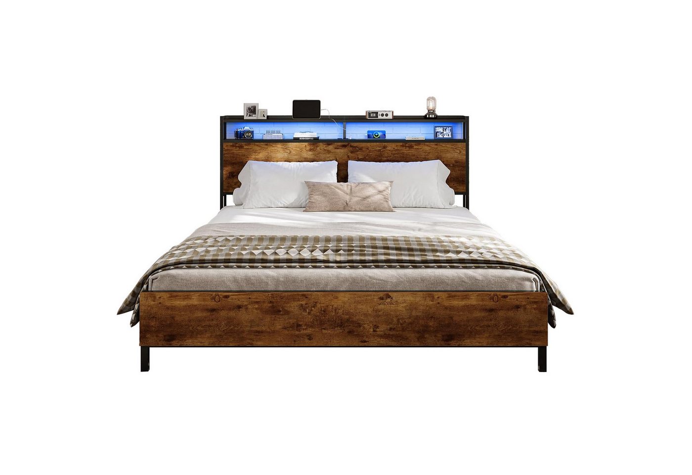 MSMASK Bett mit LED Beleuchtung, Steckdose & USB-Ladefunktion sowie Stauraum (Ohne Matratze), 160x200cm Doppelbett in Braun mit Holzkopfteil – Bild 3 von 5