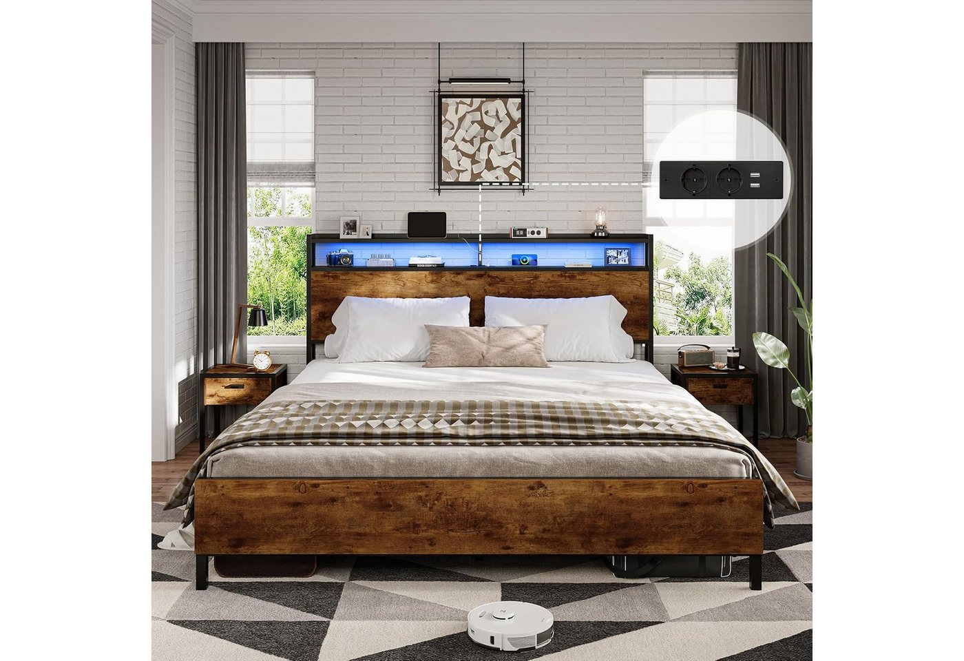 MSMASK Bett mit LED Beleuchtung, Steckdose & USB-Ladefunktion sowie Stauraum (Ohne Matratze), 160x200cm Doppelbett in Braun mit Holzkopfteil – Bild 4 von 5