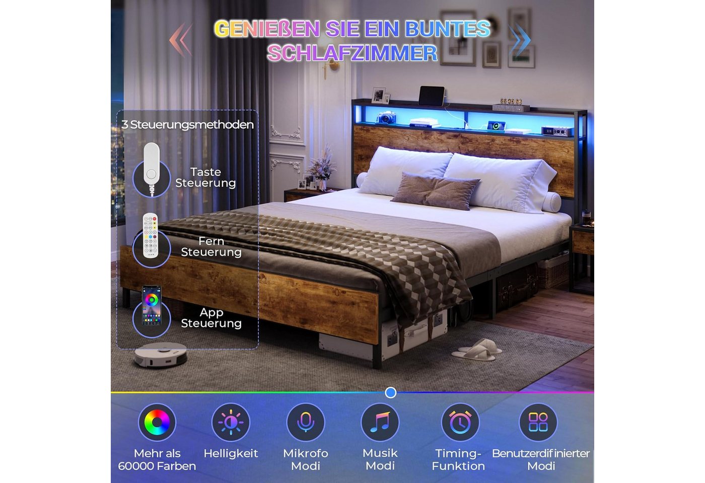 MSMASK Bett mit LED Beleuchtung, Steckdose & USB-Ladefunktion sowie Stauraum (Ohne Matratze), 160x200cm Doppelbett in Braun mit Holzkopfteil – Bild 5 von 5