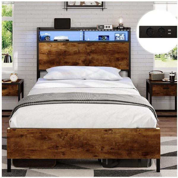 MSMASK Bett Bett mit LED Beleuchtung, Metallbett mit Steckdose, Braun, mit USB-Ladefunktion