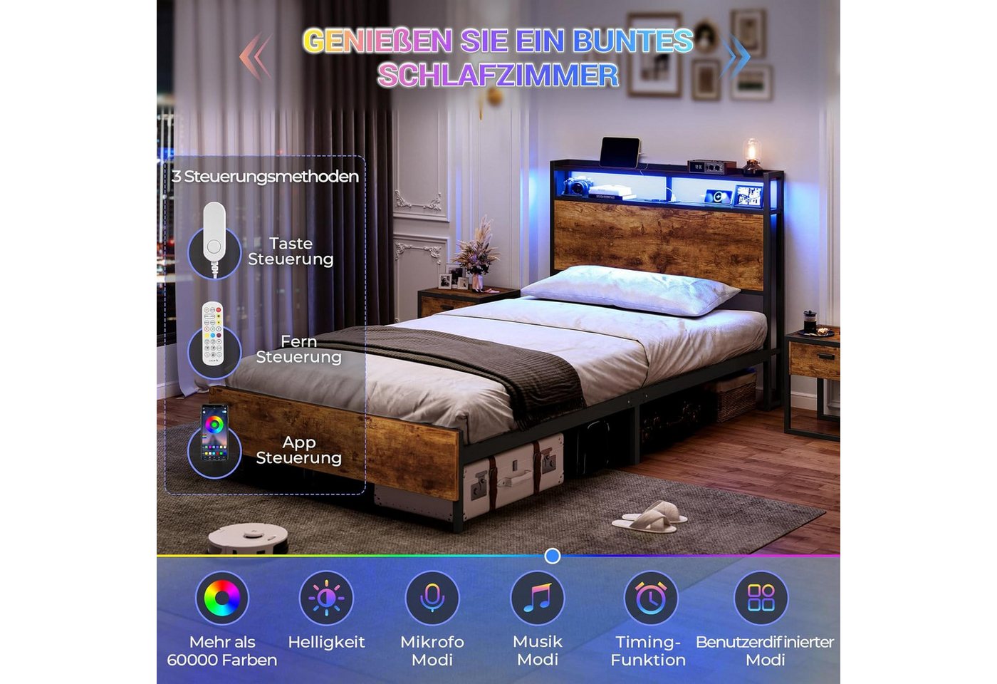 MSMASK Bett Bett mit LED Beleuchtung, Metallbett mit Steckdose, Braun, mit USB-Ladefunktion – Bild 2 von 5
