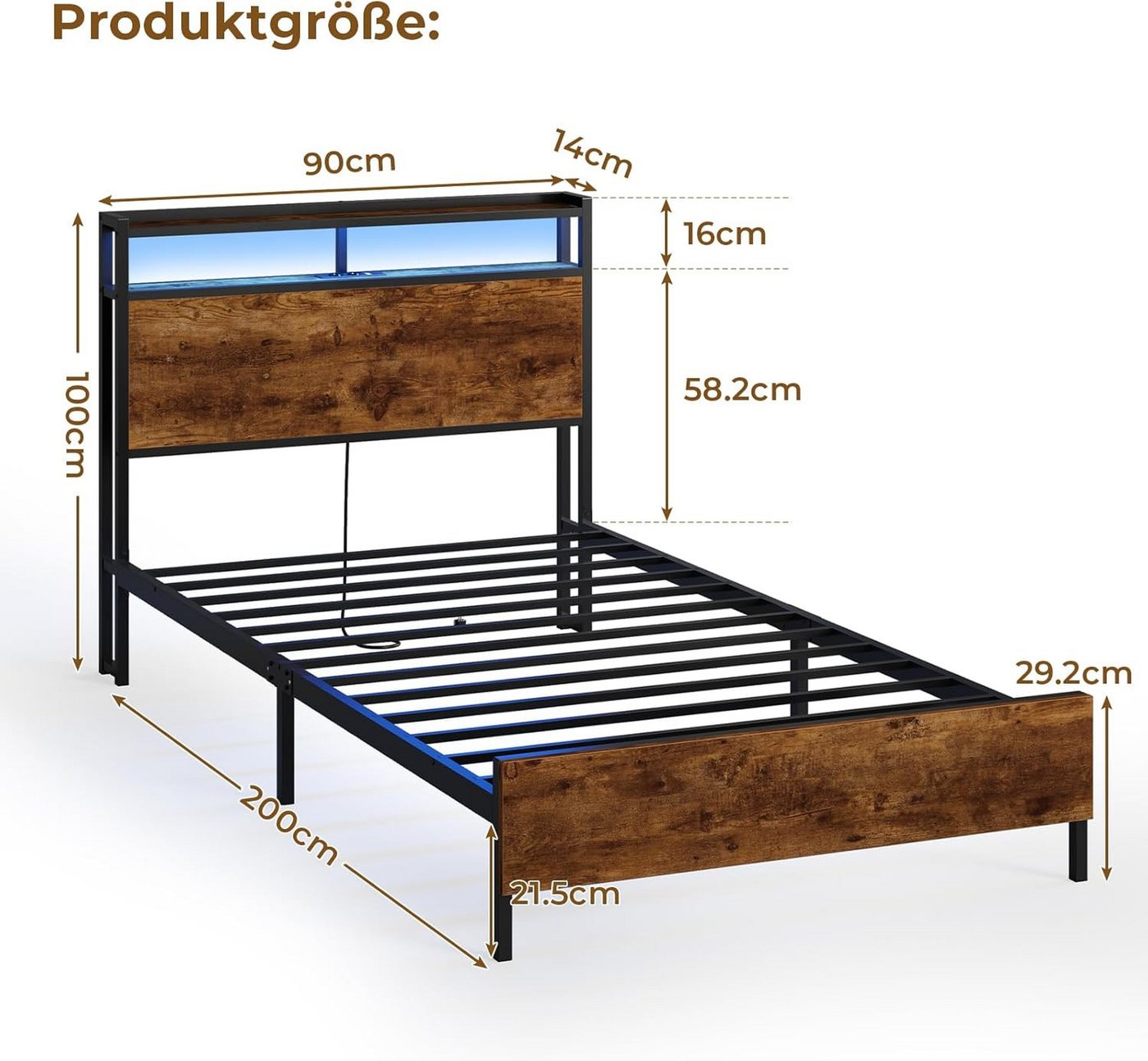 MSMASK Bett Bett mit LED Beleuchtung, Metallbett mit Steckdose, Braun, mit USB-Ladefunktion – Bild 3 von 5