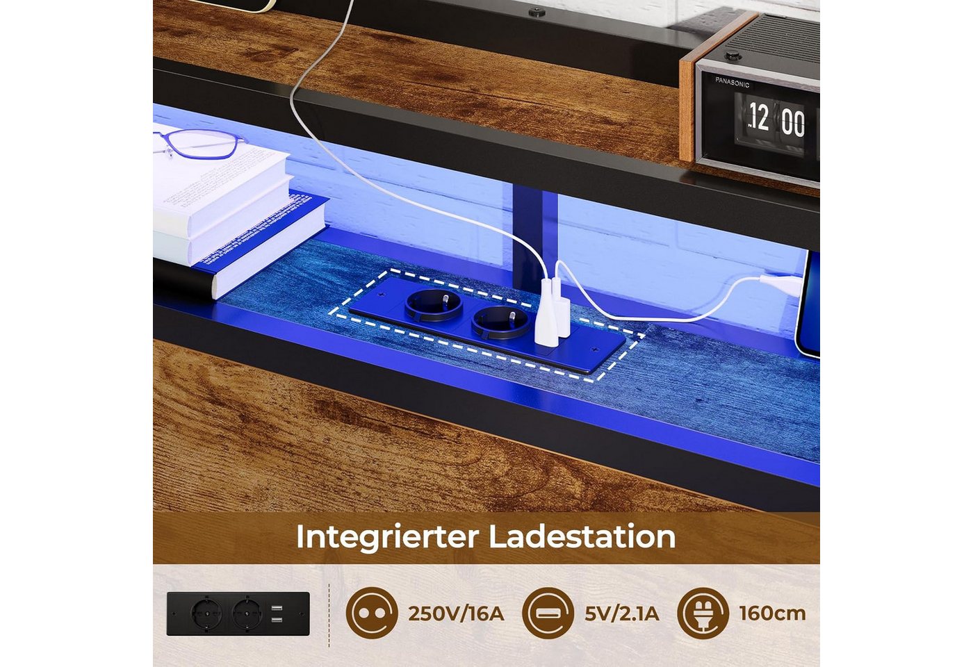 MSMASK Bett Bett mit LED Beleuchtung, Metallbett mit Steckdose, Braun, mit USB-Ladefunktion – Bild 4 von 5