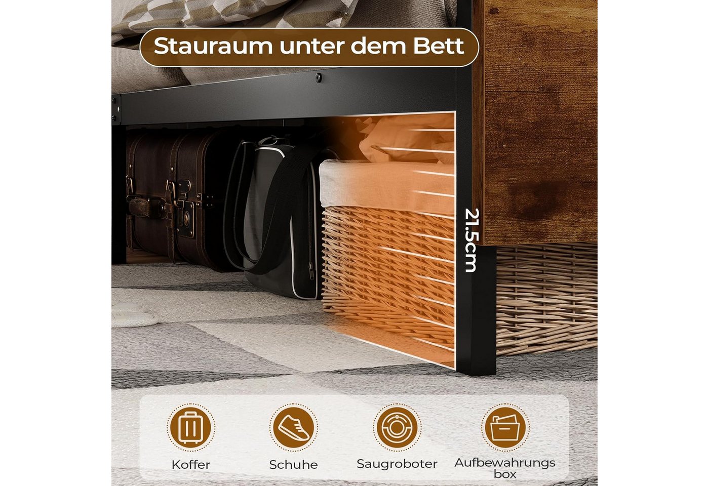 MSMASK Bett Bett mit LED Beleuchtung, Metallbett mit Steckdose, Braun, mit USB-Ladefunktion – Bild 5 von 5