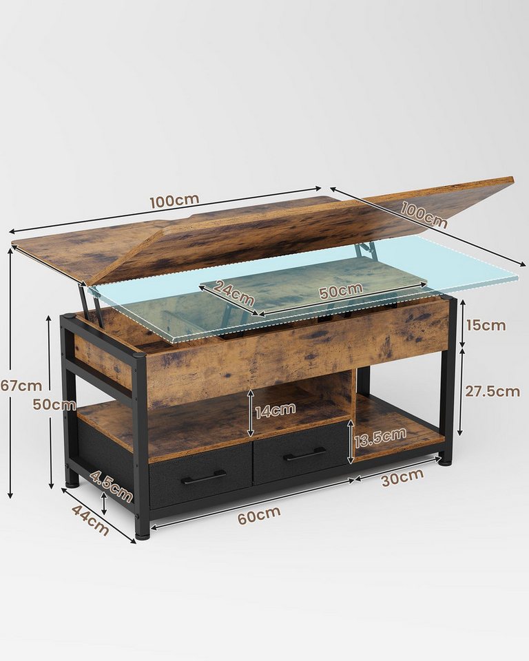 MSMASK Couchtisch 3-in-1-Multifunktions-Wohnzimmertisch mit 2 Schubladen, Kaffeetisch, Versteckte Aufbewahrung, 50T x 100B x 50H cm – Bild 2 von 5