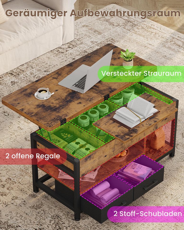 MSMASK Couchtisch 3-in-1-Multifunktions-Wohnzimmertisch mit 2 Schubladen, Kaffeetisch, Versteckte Aufbewahrung, 50T x 100B x 50H cm – Bild 4 von 5