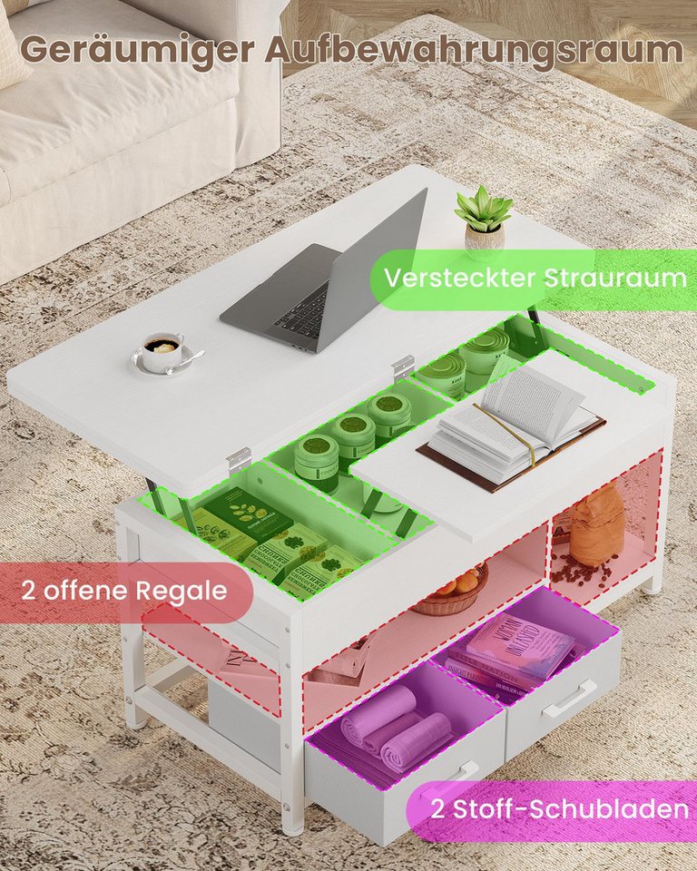 MSMASK Couchtisch 3-in-1-Multifunktions-Wohnzimmertisch mit 2 Schubladen, Kaffeetisch, Versteckte Aufbewahrung, 50T x 100B x 50H cm – Bild 5 von 5