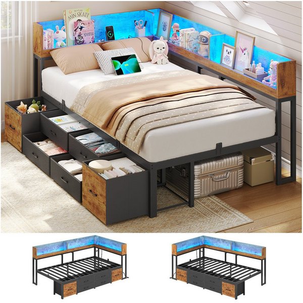 MSMASK Daybett Schlafsofa mit LED-Beleuchtung & Ladestation, Jugendbett Kinderbett, mit Integriertem Bücherregal & 6 Schubladen, 90x200cm