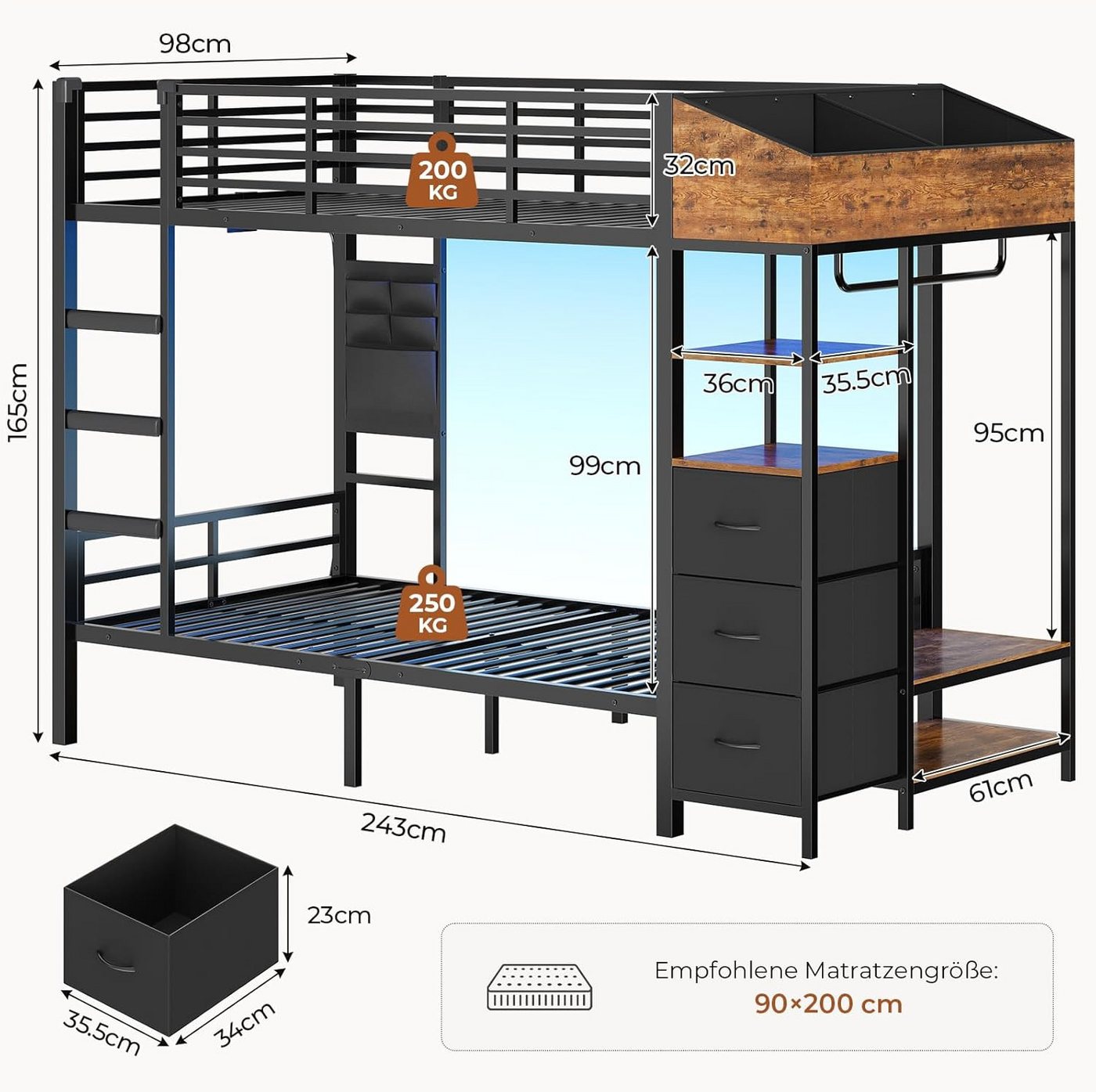 MSMASK Etagenbett mit Treppe, Garderobenständer und viel Stauraum, 90x200cm (1-St., Ohne Matratze), Modernes Hochbett mit LED Beleuchtung und Ladestation – Bild 2 von 5