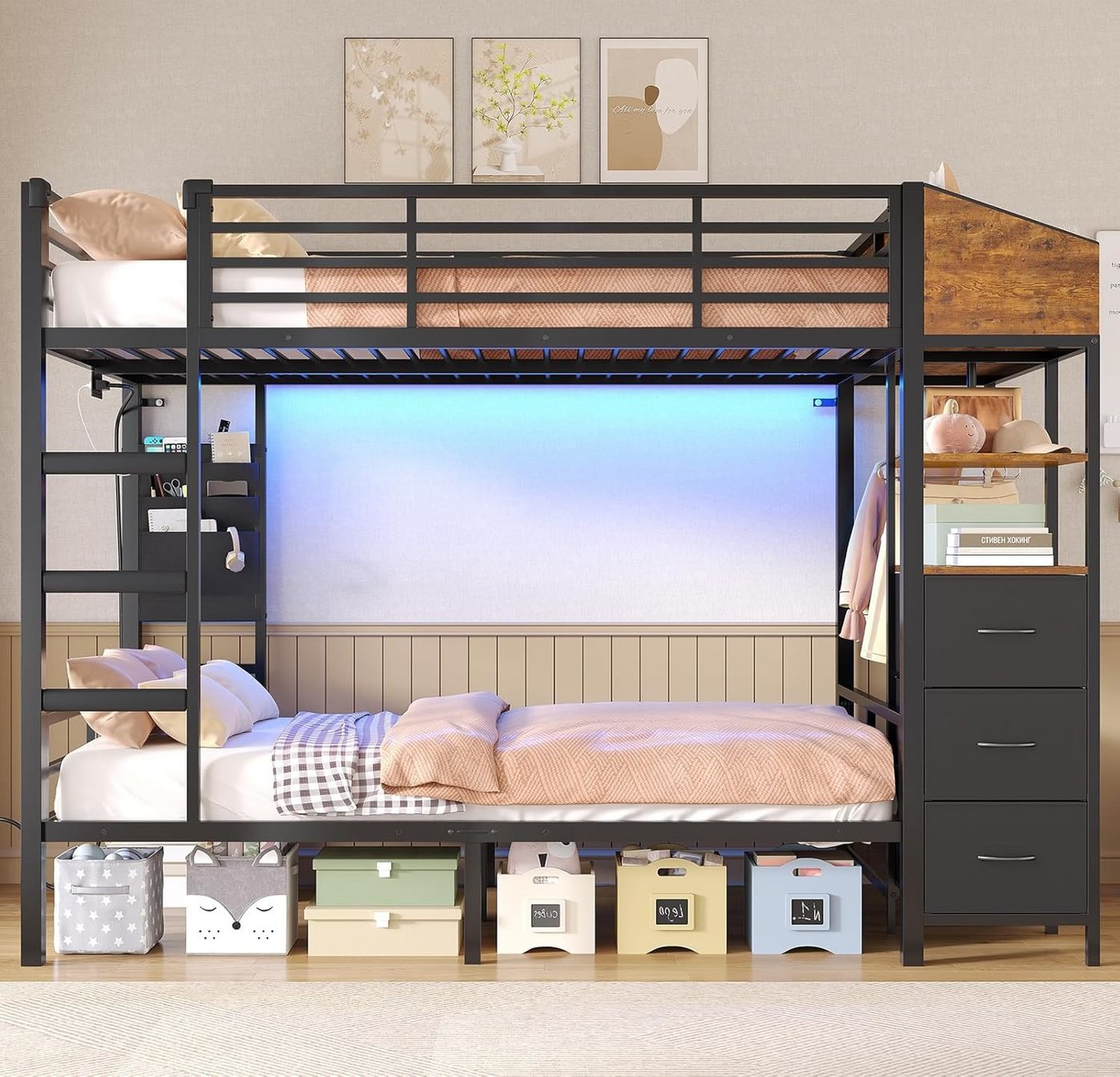 MSMASK Etagenbett mit Treppe, Garderobenständer und viel Stauraum, 90x200cm (1-St., Ohne Matratze), Modernes Hochbett mit LED Beleuchtung und Ladestation – Bild 3 von 5