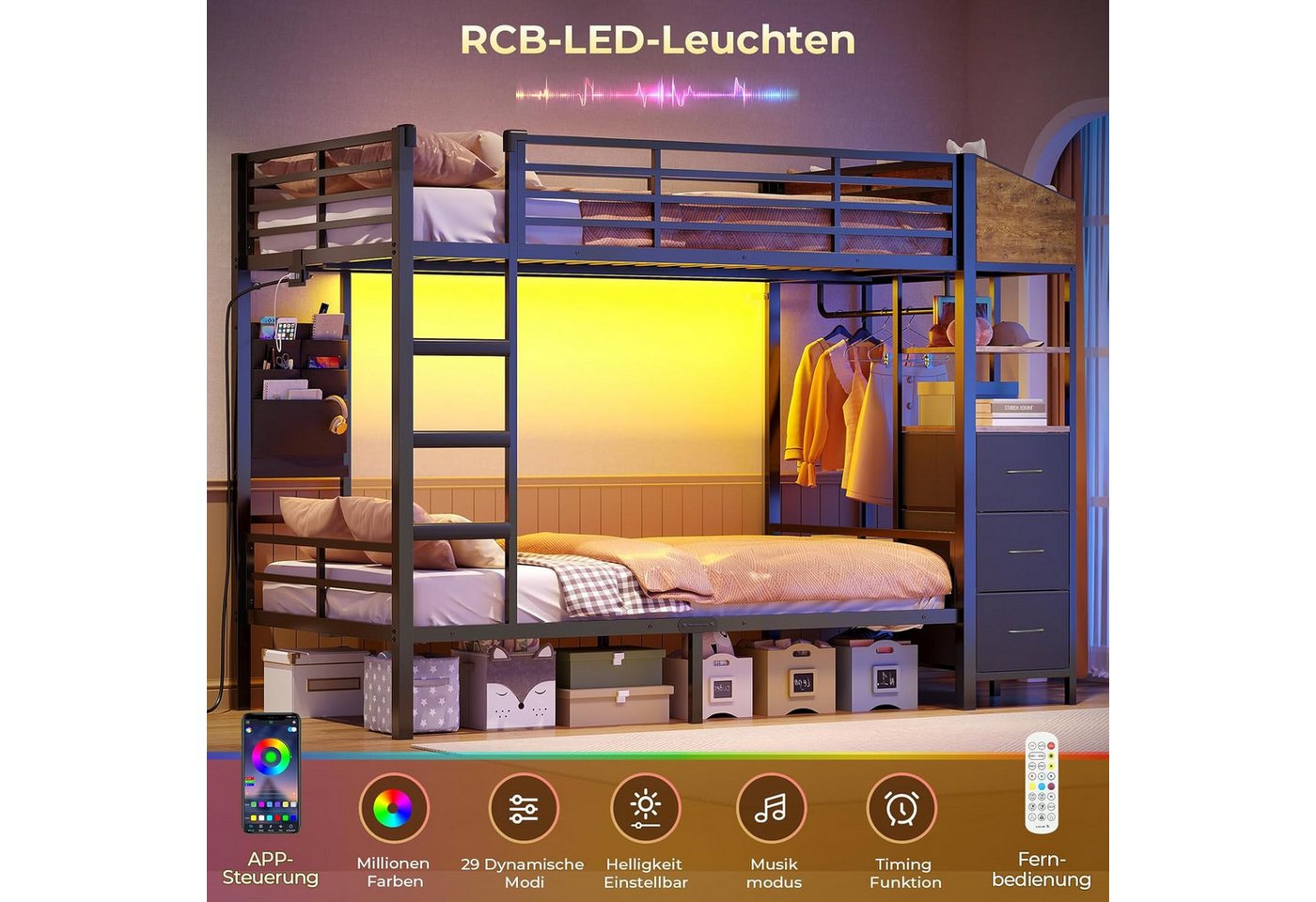 MSMASK Etagenbett mit Treppe, Garderobenständer und viel Stauraum, 90x200cm (1-St., Ohne Matratze), Modernes Hochbett mit LED Beleuchtung und Ladestation – Bild 5 von 5