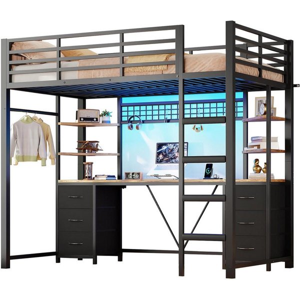 MSMASK Hochbett Jugendbett mit Schreibtisch, 6 großen Schubladen & 4 Ablagen (Ohne Matratze) Kinderbett mit Metall-Rausfallschutz und Leiter, 90x200cm