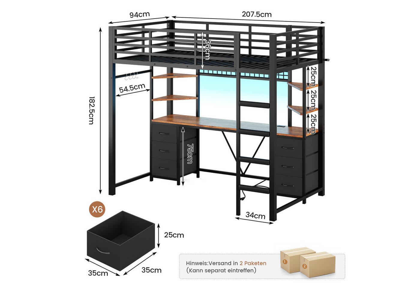 MSMASK Hochbett Jugendbett mit Schreibtisch, 6 großen Schubladen & 4 Ablagen (Ohne Matratze) Kinderbett mit Metall-Rausfallschutz und Leiter, 90x200cm – Bild 2 von 5