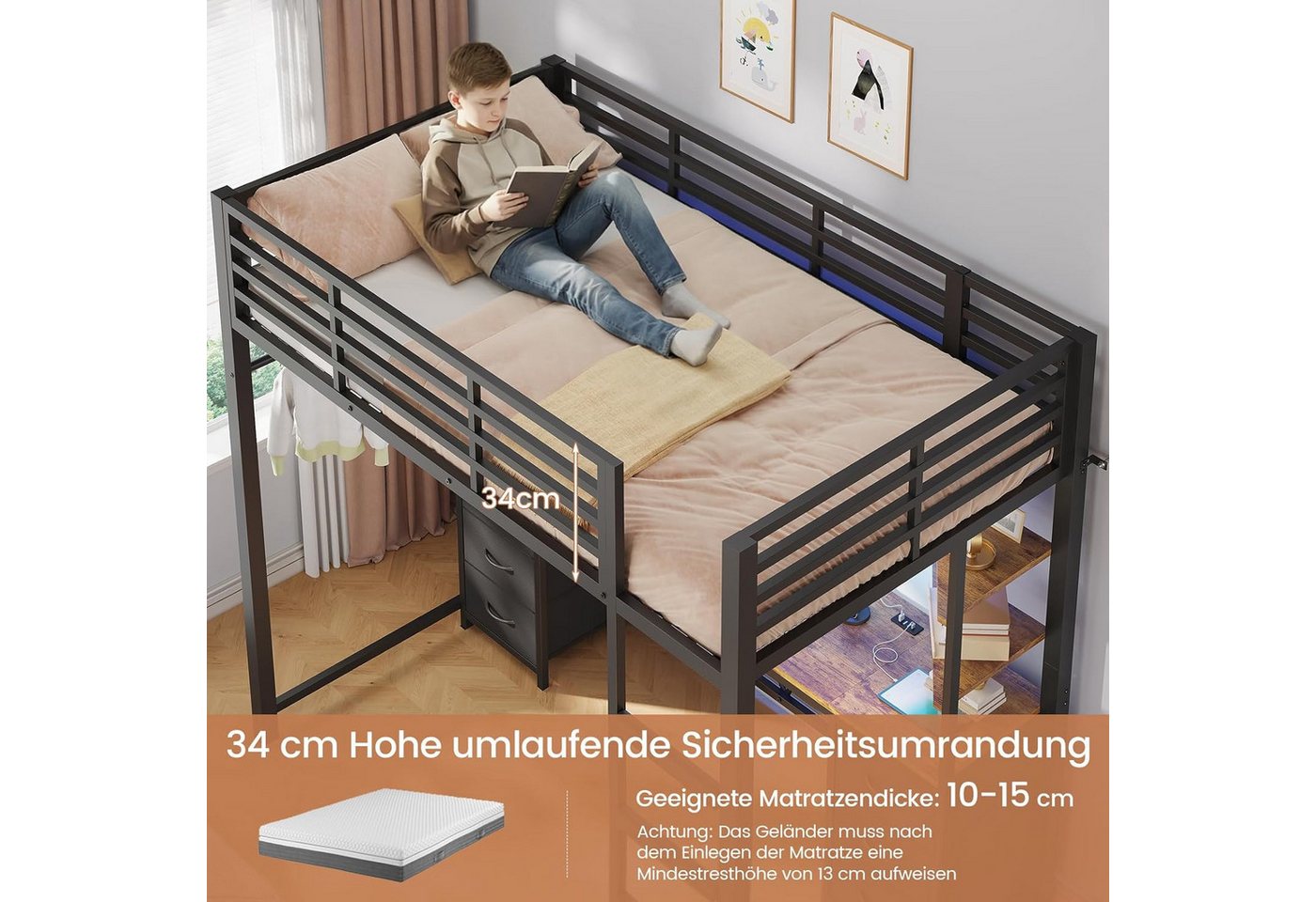 MSMASK Hochbett Jugendbett mit Schreibtisch, 6 großen Schubladen & 4 Ablagen (Ohne Matratze) Kinderbett mit Metall-Rausfallschutz und Leiter, 90x200cm – Bild 4 von 5