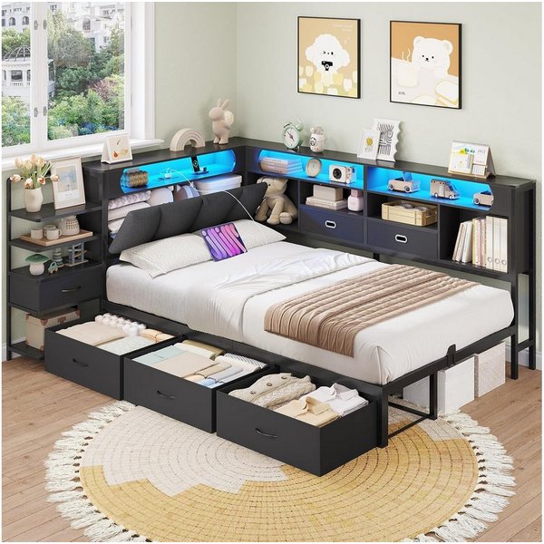 MSMASK Jugendbett mit 6 Schubladen, LED-Beleuchtung & Lade-Station, Schlafsofa, Daybett (Ohne Matratze), Multifunktionsbett 90x200cm mit gepolsterter Kopflehne 