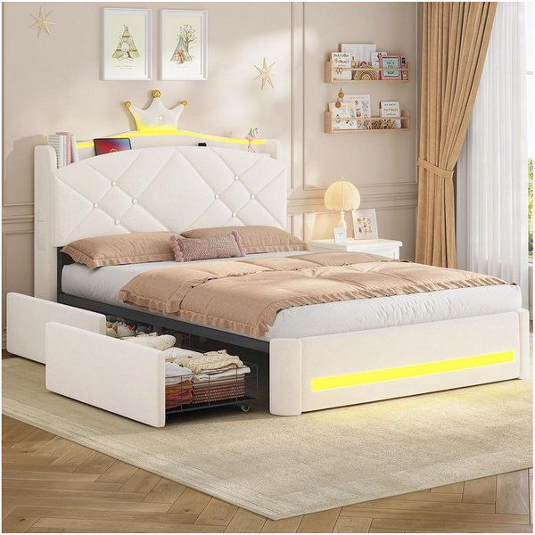 MSMASK Kinderbett im Kronen-Design mit LED-Beleuchtung, Ladestation und 2 Schubladen (Ohne Matratze), Polsterbett Jugendbett Prinzessinnenbett 140 x 200cm
