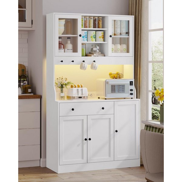 MSMASK Küchenbuffet Küchenschrank Sideboard mit LED, Arbeitsplatte,Schubladen Verstellbaren Ablagen, Großer Stauraum, Weiß, 180cm hoch