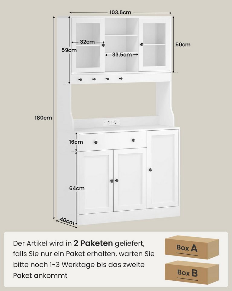 MSMASK Küchenbuffet Küchenschrank Sideboard mit LED, Arbeitsplatte,Schubladen Verstellbaren Ablagen, Großer Stauraum, Weiß, 180cm hoch – Bild 2 von 5