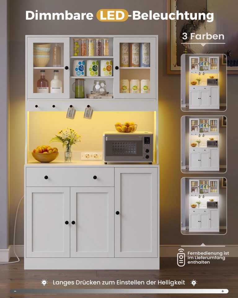 MSMASK Küchenbuffet Küchenschrank Sideboard mit LED, Arbeitsplatte,Schubladen Verstellbaren Ablagen, Großer Stauraum, Weiß, 180cm hoch – Bild 3 von 5