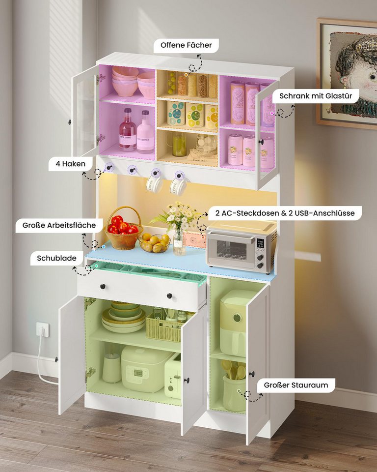 MSMASK Küchenbuffet Küchenschrank Sideboard mit LED, Arbeitsplatte,Schubladen Verstellbaren Ablagen, Großer Stauraum, Weiß, 180cm hoch – Bild 4 von 5