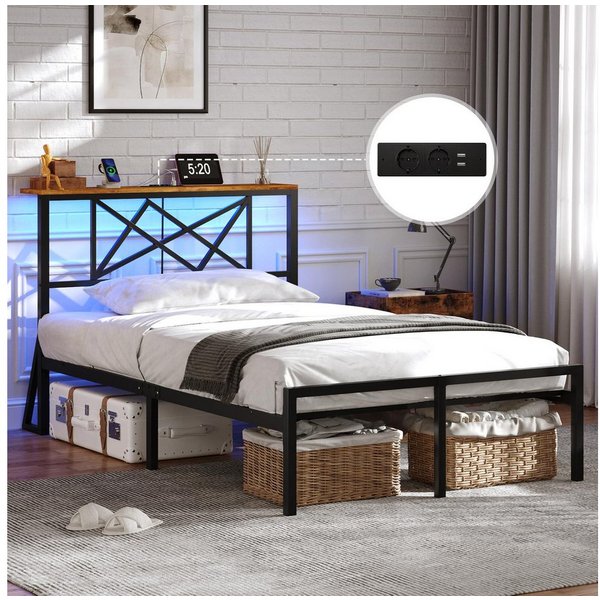 MSMASK Metallbett mit LED-Beleuchtung, Steckdose und 2 USB-Anschlüssen (Ohne Matratze), Bettgestell 90x200 cm in Braun mit Metall-Lattenrost