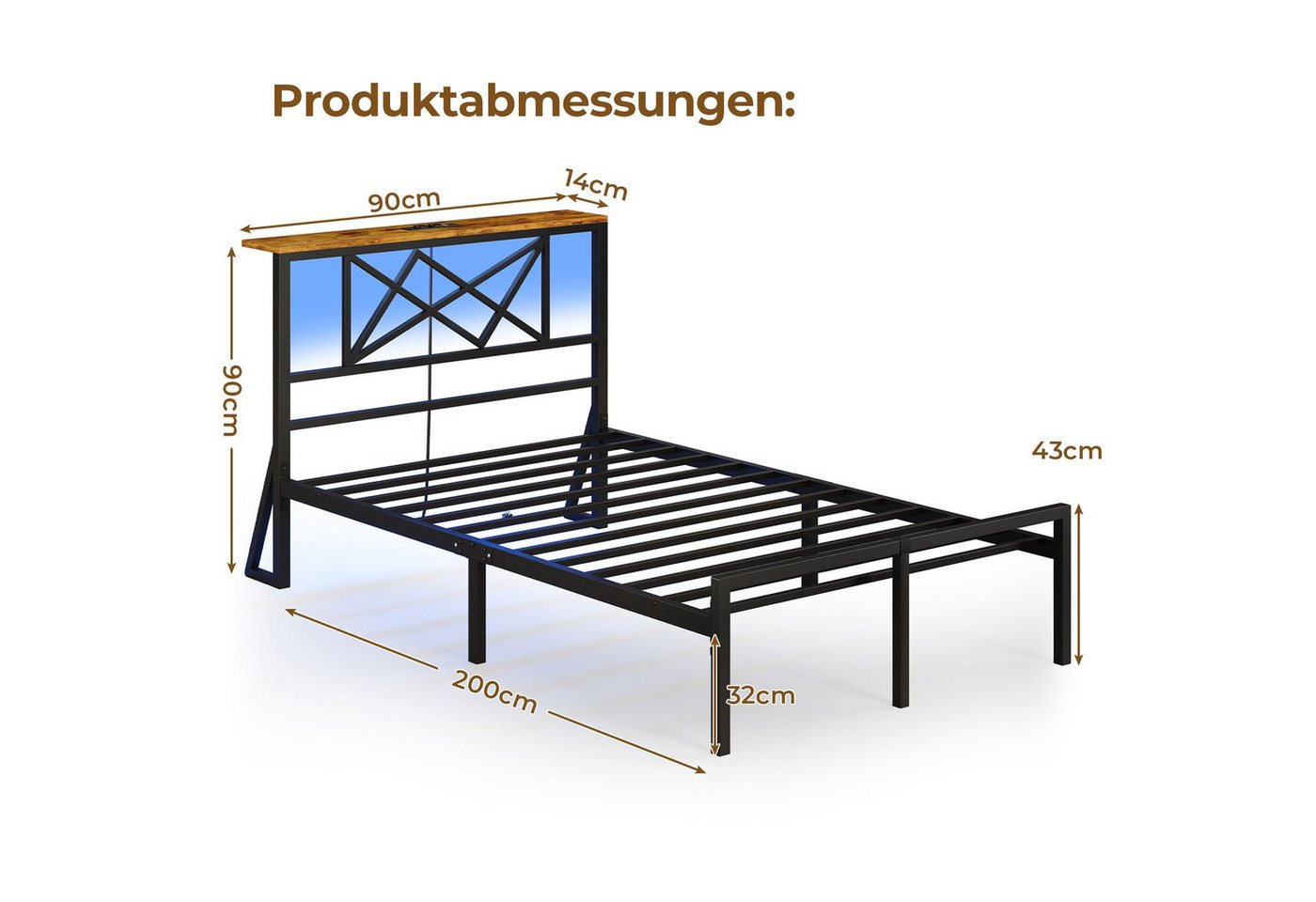 MSMASK Metallbett mit LED-Beleuchtung, Steckdose und 2 USB-Anschlüssen (Ohne Matratze), Bettgestell 90x200 cm in Braun mit Metall-Lattenrost – Bild 2 von 5