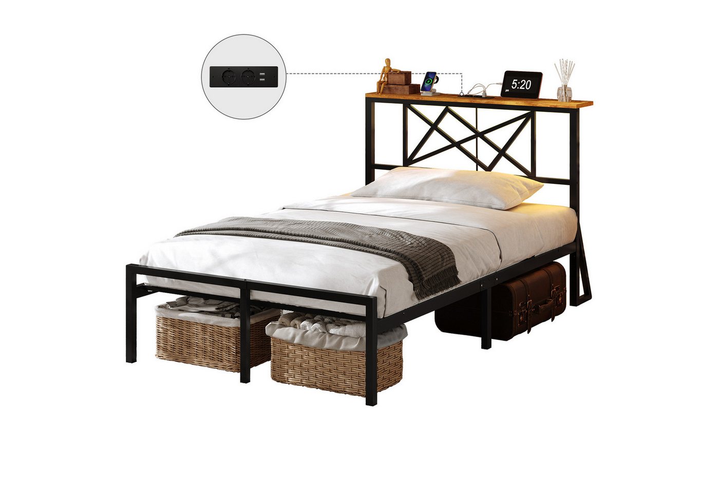 MSMASK Metallbett mit LED-Beleuchtung, Steckdose und 2 USB-Anschlüssen (Ohne Matratze), Bettgestell 90x200 cm in Braun mit Metall-Lattenrost – Bild 3 von 5