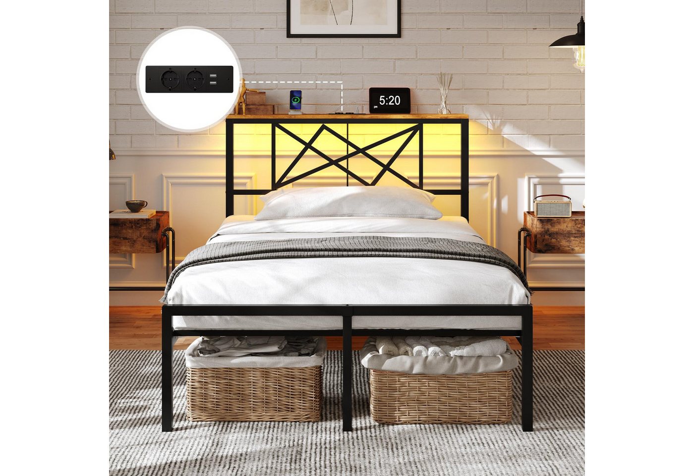 MSMASK Metallbett mit LED-Beleuchtung, Steckdose und 2 USB-Anschlüssen (Ohne Matratze), Bettgestell 90x200 cm in Braun mit Metall-Lattenrost – Bild 4 von 5