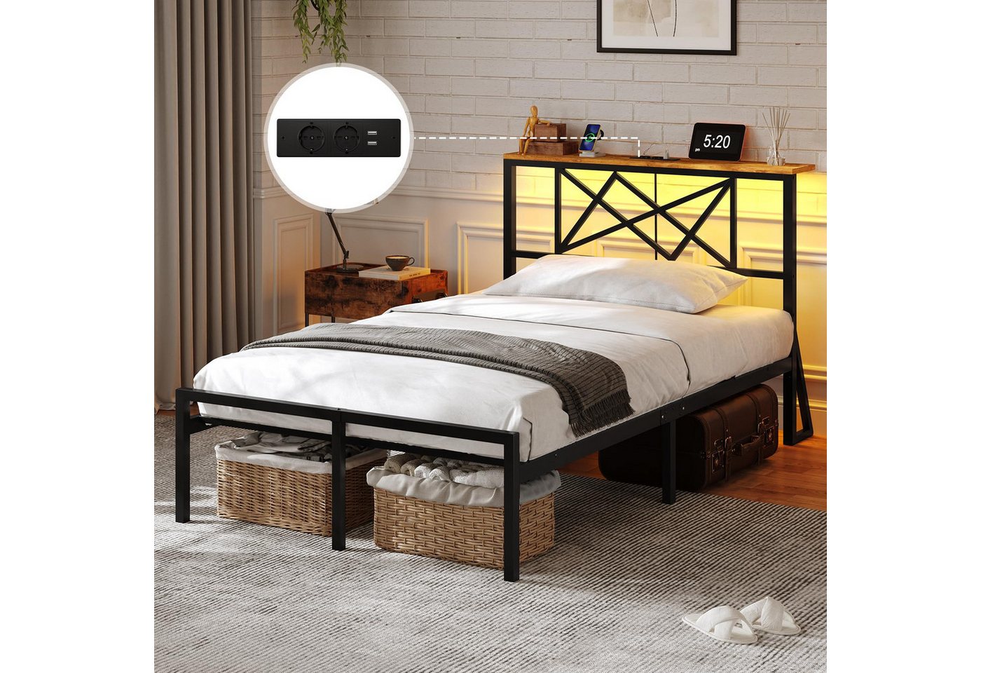 MSMASK Metallbett mit LED-Beleuchtung, Steckdose und 2 USB-Anschlüssen (Ohne Matratze), Bettgestell 90x200 cm in Braun mit Metall-Lattenrost – Bild 5 von 5