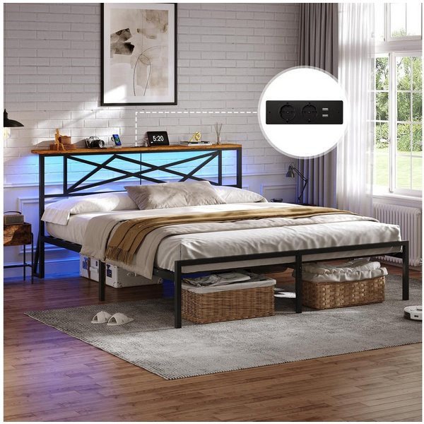 MSMASK Metallbett mit LED-Beleuchtung, Steckdose und 2 USB-Anschlüssen (Ohne Matratze), Bettgestell 180 x 200 cm in Braun mit Metall-Lattenrost