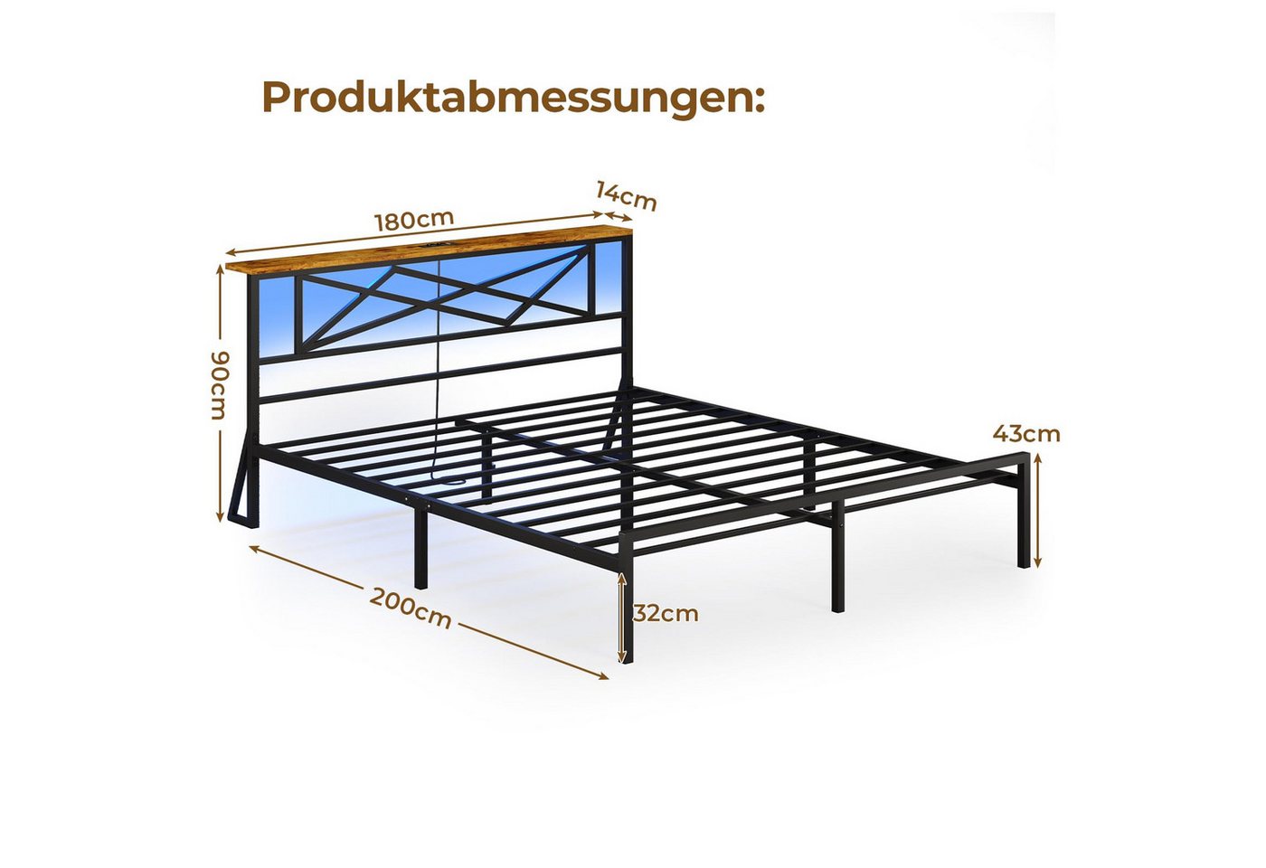 MSMASK Metallbett mit LED-Beleuchtung, Steckdose und 2 USB-Anschlüssen (Ohne Matratze), Bettgestell 180 x 200 cm in Braun mit Metall-Lattenrost – Bild 2 von 5