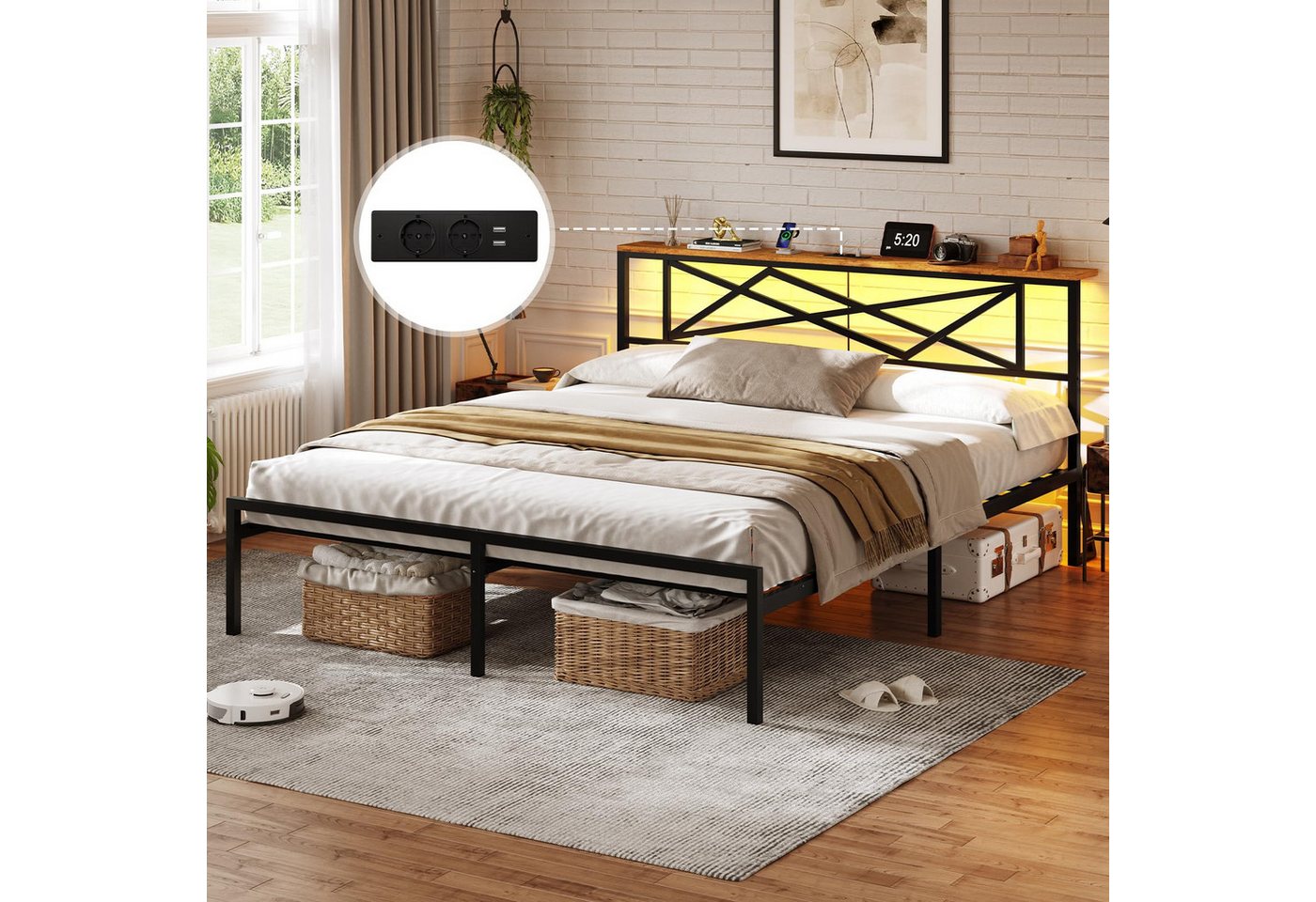 MSMASK Metallbett mit LED-Beleuchtung, Steckdose und 2 USB-Anschlüssen (Ohne Matratze), Bettgestell 180 x 200 cm in Braun mit Metall-Lattenrost – Bild 4 von 5