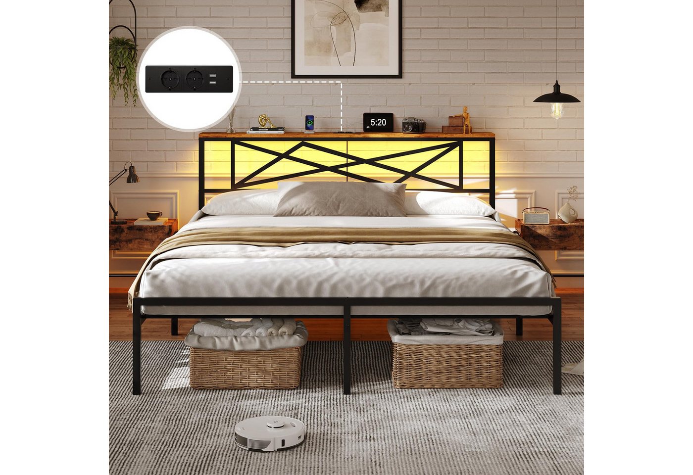 MSMASK Metallbett mit LED-Beleuchtung, Steckdose und 2 USB-Anschlüssen (Ohne Matratze), Bettgestell 180 x 200 cm in Braun mit Metall-Lattenrost – Bild 5 von 5
