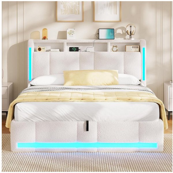 MSMASK Polsterbett 140×200cm, Doppelbett mit Steckdosen & LED Beleuchtung, Beige, mit Stauraum und Kopfteil, Ohne Matratze