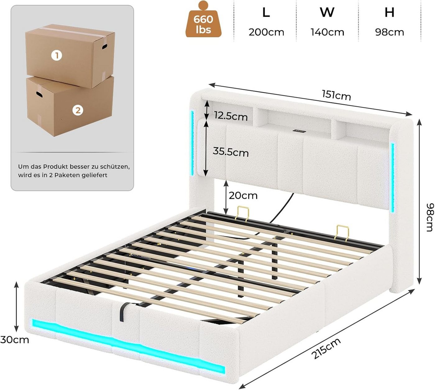 MSMASK Polsterbett 140×200cm, Doppelbett mit Steckdosen & LED Beleuchtung, Beige, mit Stauraum und Kopfteil, Ohne Matratze – Bild 2 von 5