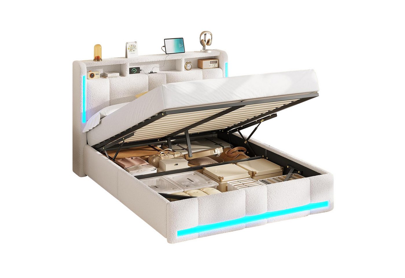 MSMASK Polsterbett 140×200cm, Doppelbett mit Steckdosen & LED Beleuchtung, Beige, mit Stauraum und Kopfteil, Ohne Matratze – Bild 3 von 5