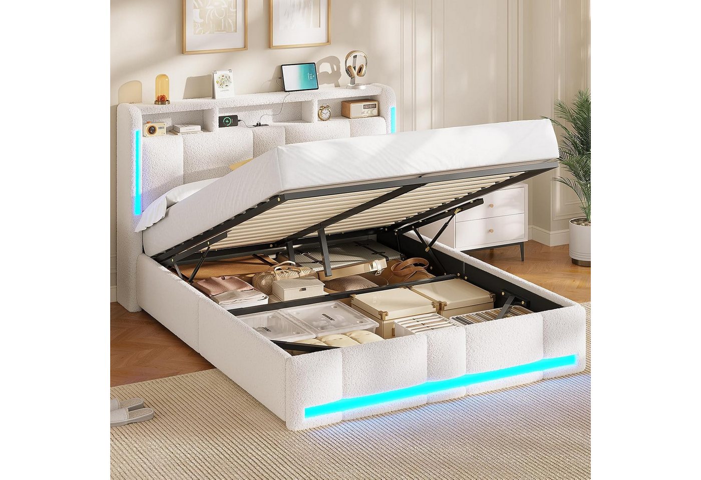 MSMASK Polsterbett 140×200cm, Doppelbett mit Steckdosen & LED Beleuchtung, Beige, mit Stauraum und Kopfteil, Ohne Matratze – Bild 4 von 5