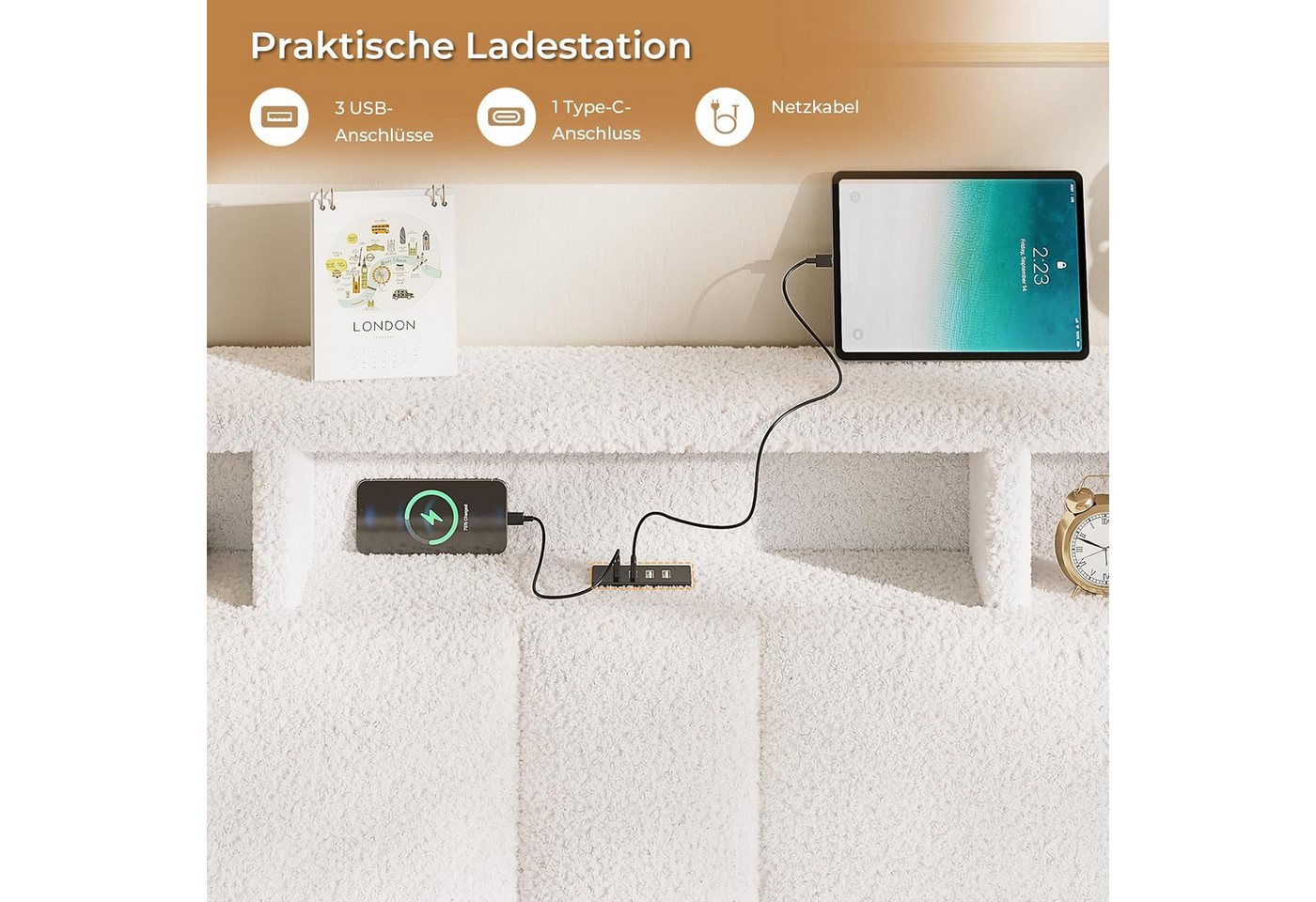 MSMASK Polsterbett 140×200cm, Doppelbett mit Steckdosen & LED Beleuchtung, Beige, mit Stauraum und Kopfteil, Ohne Matratze – Bild 5 von 5