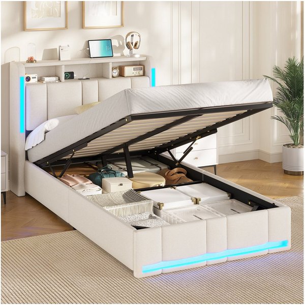 MSMASK Polsterbett 90×200cm, Bett mit Steckdosen & LED Beleuchtung, Stauraum und Kopfteil (Ohne Matratze)