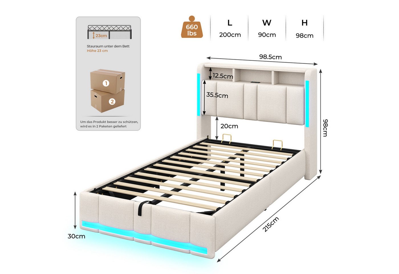 MSMASK Polsterbett 90×200cm, Bett mit Steckdosen & LED Beleuchtung, Stauraum und Kopfteil (Ohne Matratze) – Bild 2 von 5