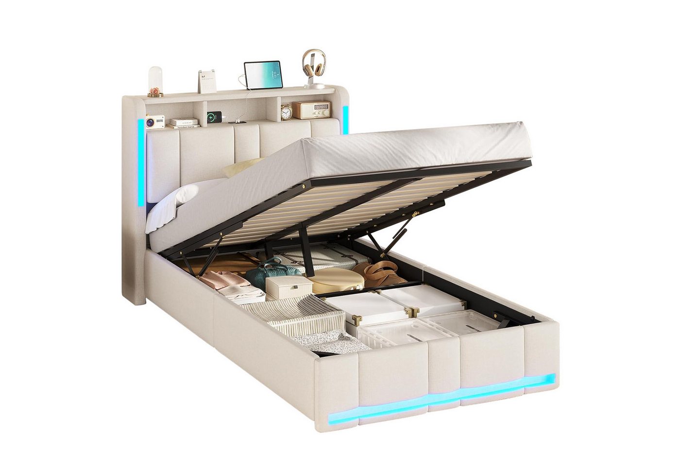 MSMASK Polsterbett 90×200cm, Bett mit Steckdosen & LED Beleuchtung, Stauraum und Kopfteil (Ohne Matratze) – Bild 3 von 5